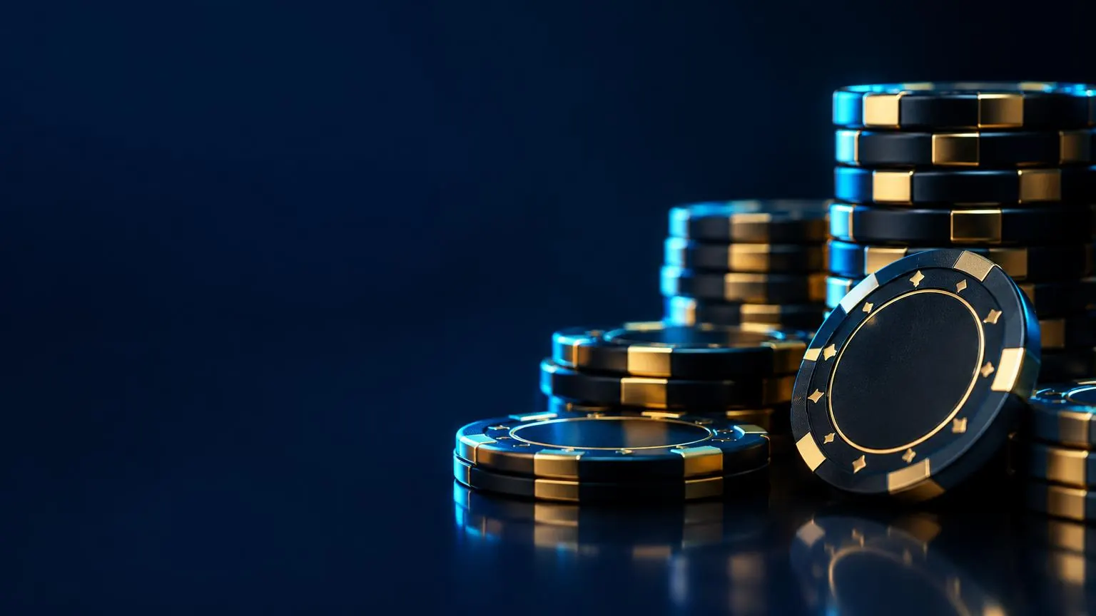 Luxury casino chips with gold and cyan lighting
